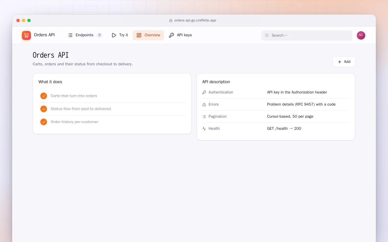 Orders API (Go): the Orders API screen