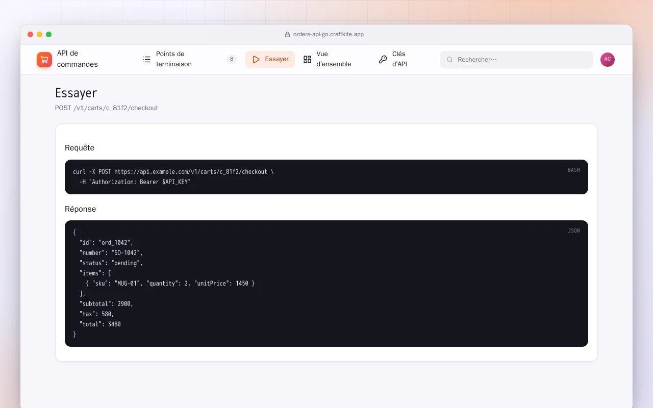 API de commandes (Go) : l’écran Essayer