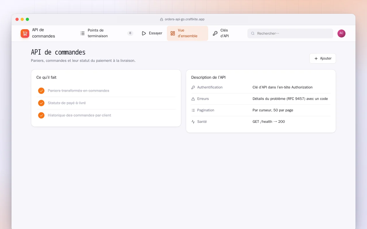 API de commandes (Go) : l’écran API de commandes
