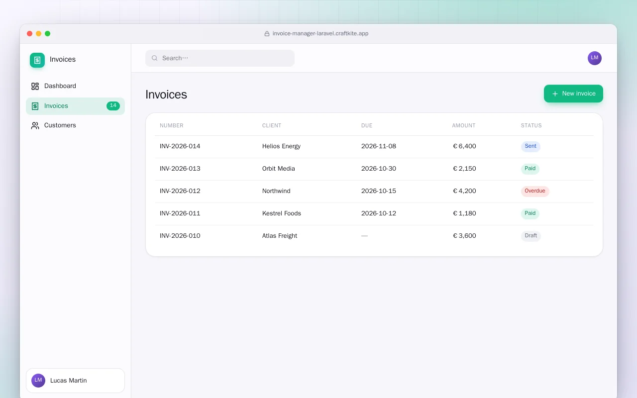 Invoice Manager (Laravel): the Invoices screen