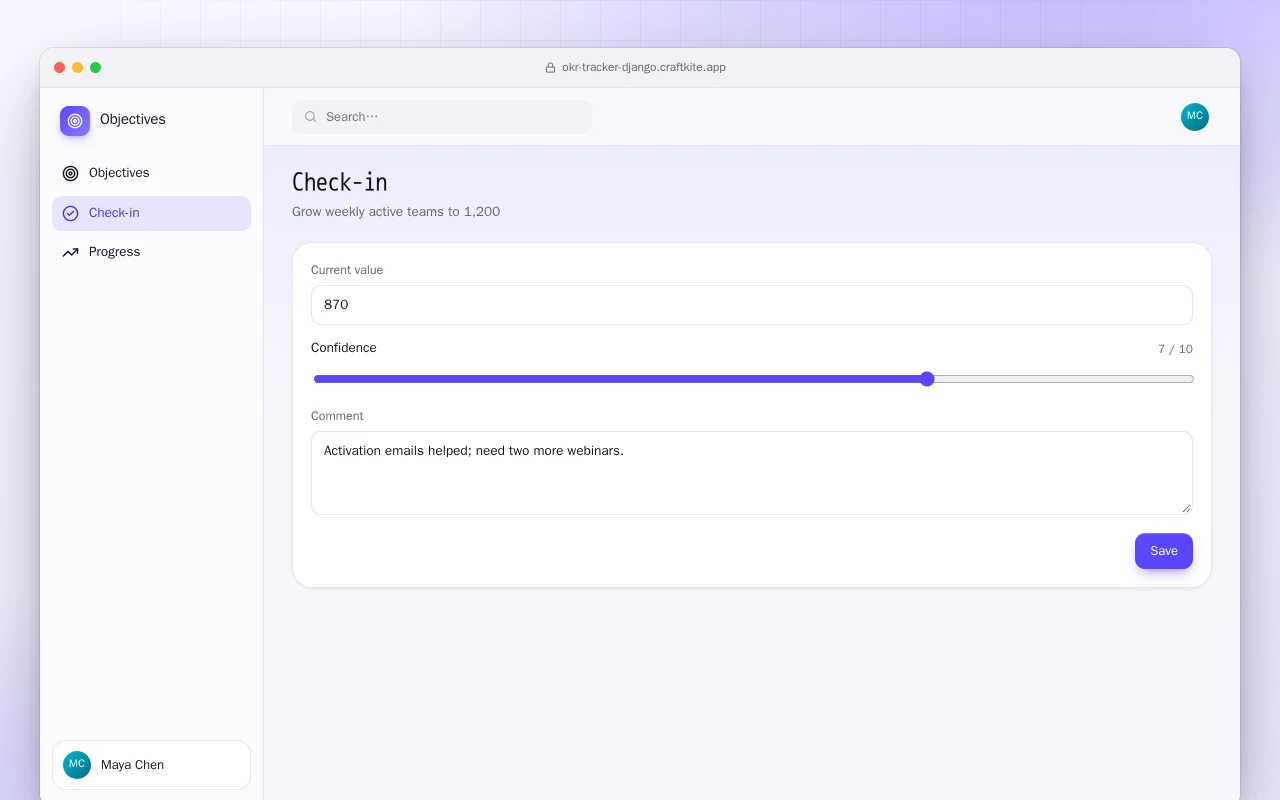 OKR Tracker (Django): the Check-in screen