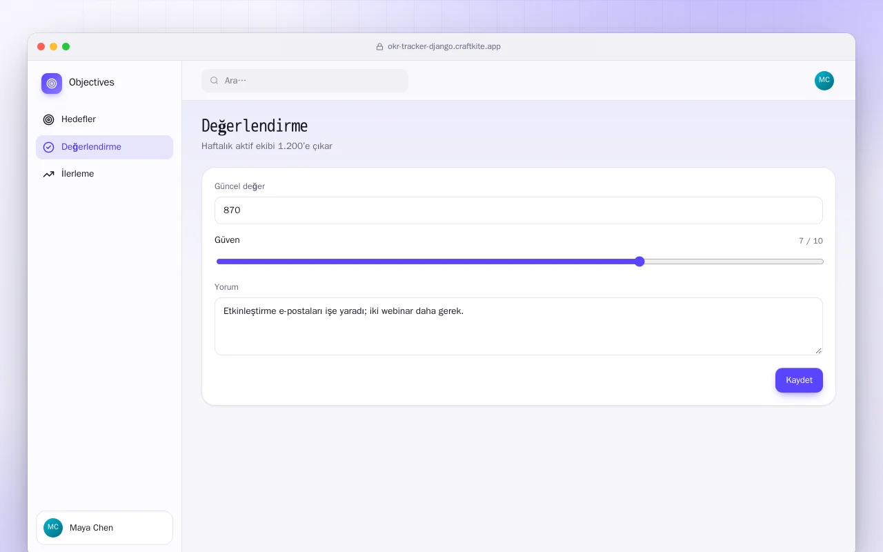 OKR Takibi (Django): Değerlendirme ekranı