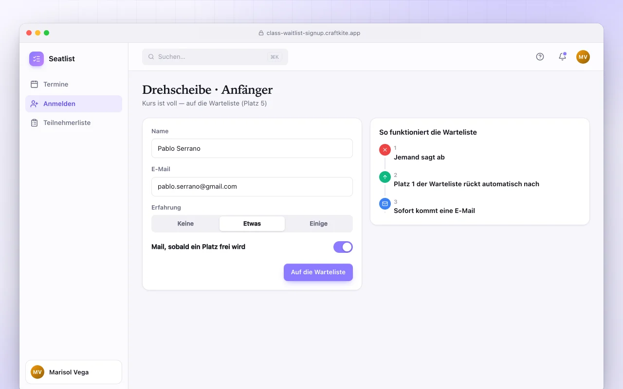 Kursanmeldung mit Warteliste: der Bildschirm „Drehscheibe · Anfänger“