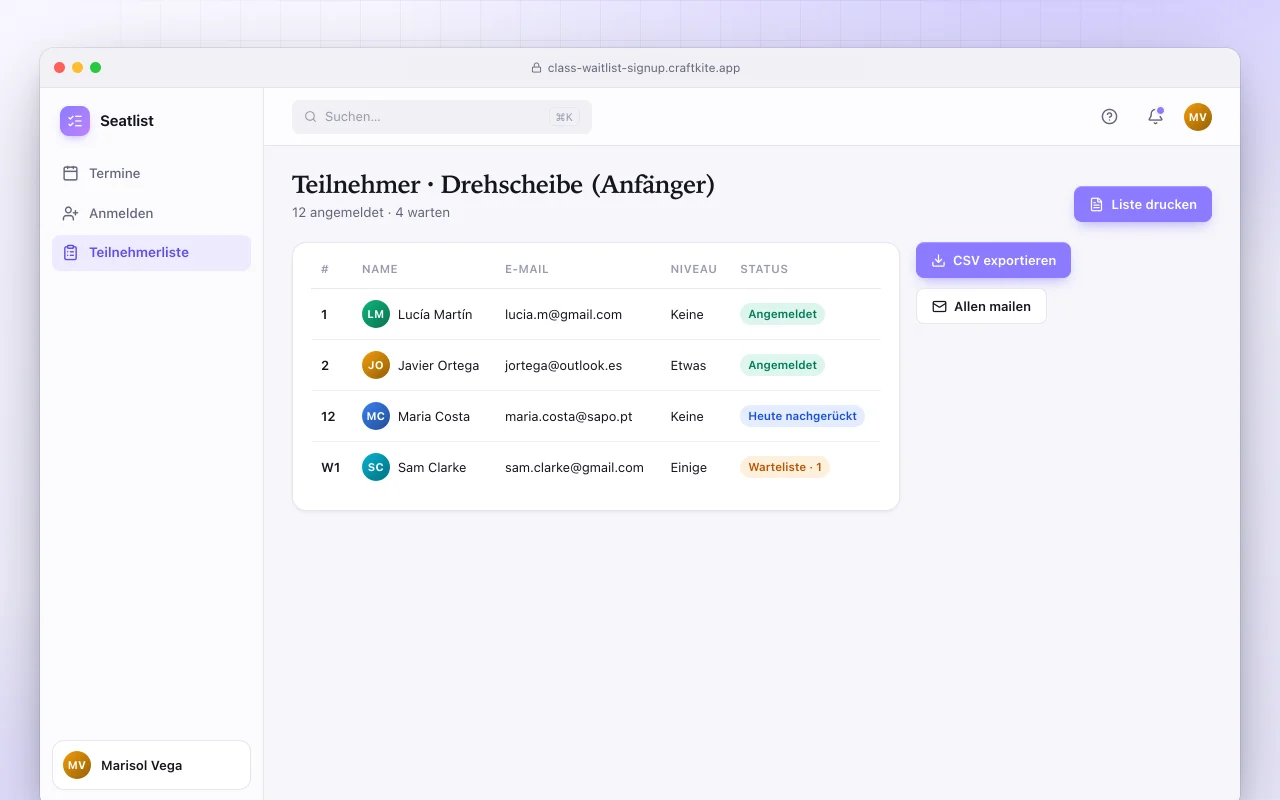 Kursanmeldung mit Warteliste: der Bildschirm „Teilnehmer · Drehscheibe (Anfänger)“