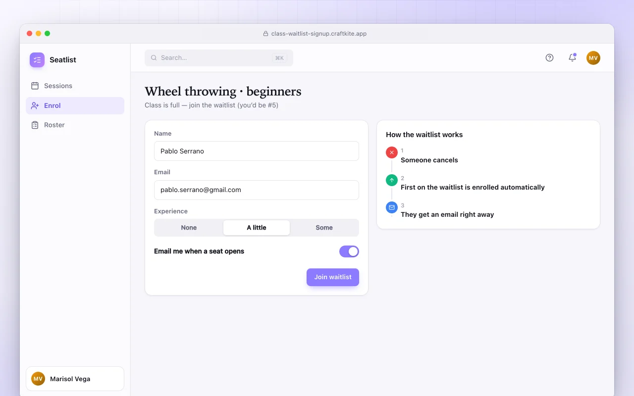 Class waitlist sign-up: the Wheel throwing · beginners screen
