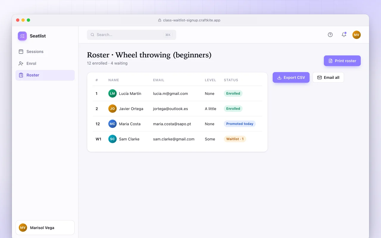 Class waitlist sign-up: the Roster · Wheel throwing (beginners) screen