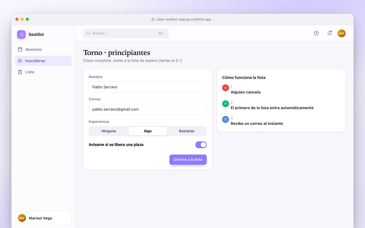 Inscripción a clases con lista de espera: la pantalla Torno · principiantes