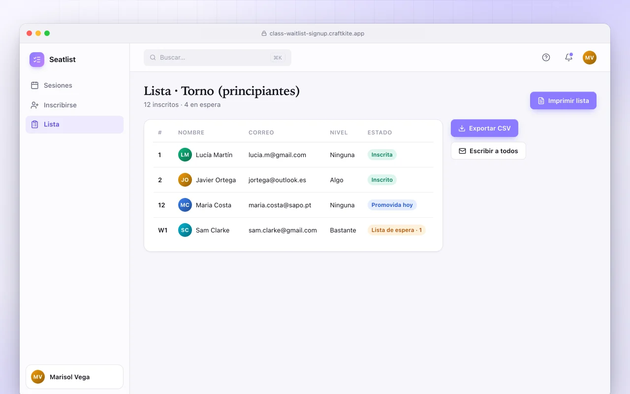 Inscripción a clases con lista de espera: la pantalla Lista · Torno (principiantes)