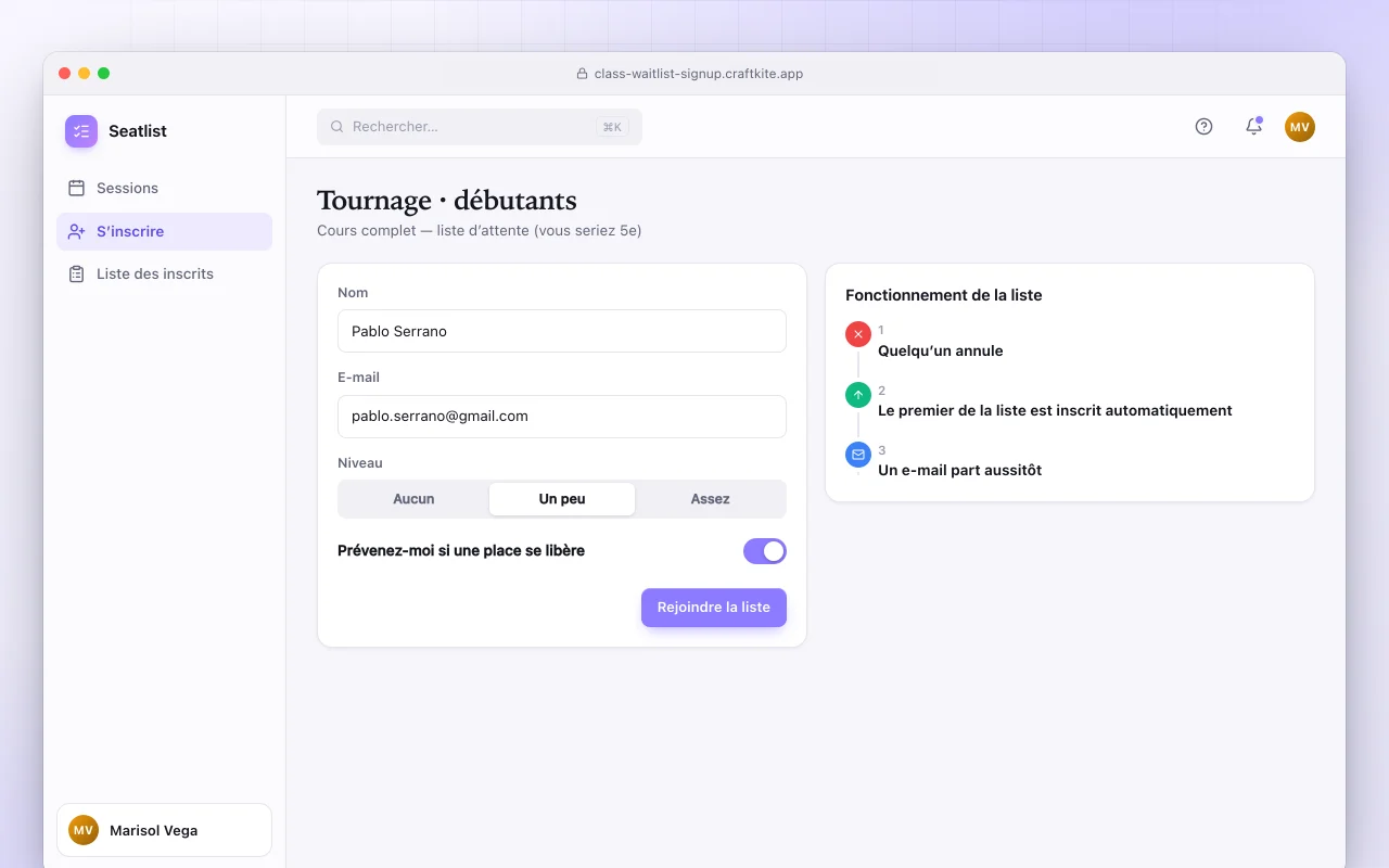 Inscription aux cours avec liste d’attente : l’écran Tournage · débutants