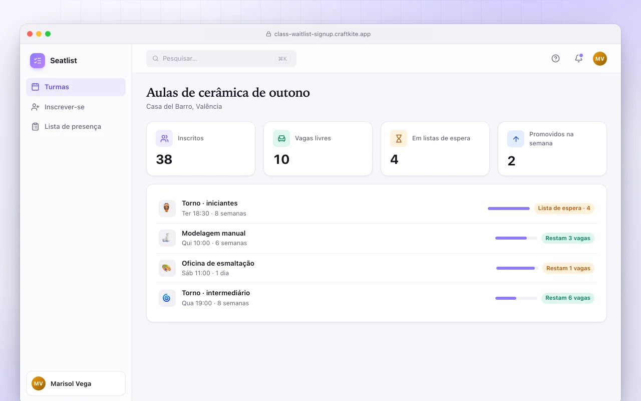 Inscrição em aulas com lista de espera: a tela Aulas de cerâmica de outono