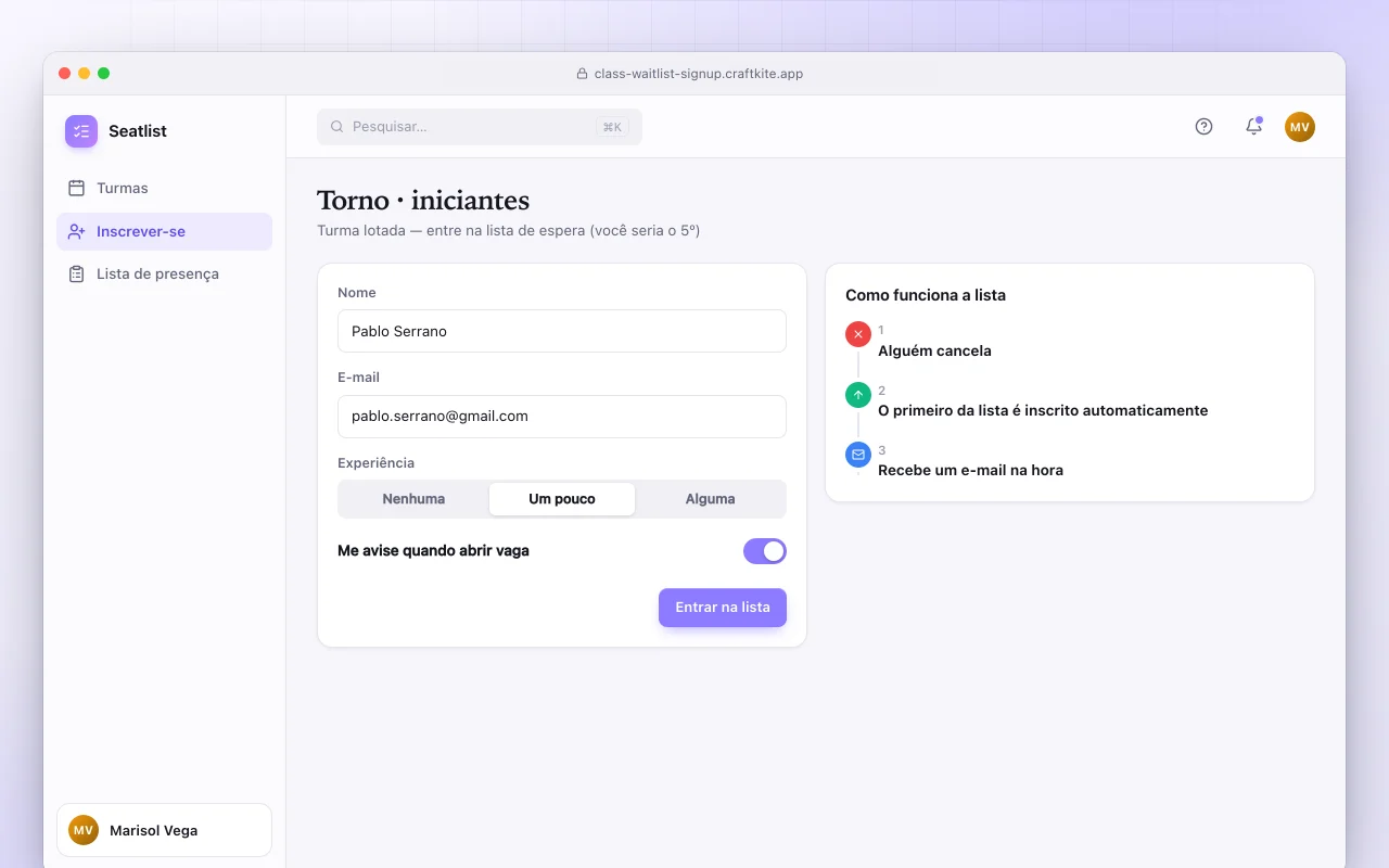 Inscrição em aulas com lista de espera: a tela Torno · iniciantes