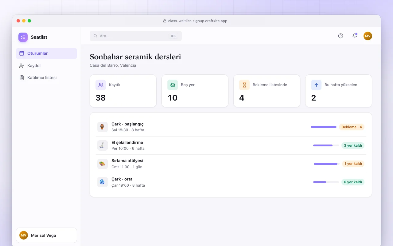 Ders bekleme listesi kaydı: Sonbahar seramik dersleri ekranı