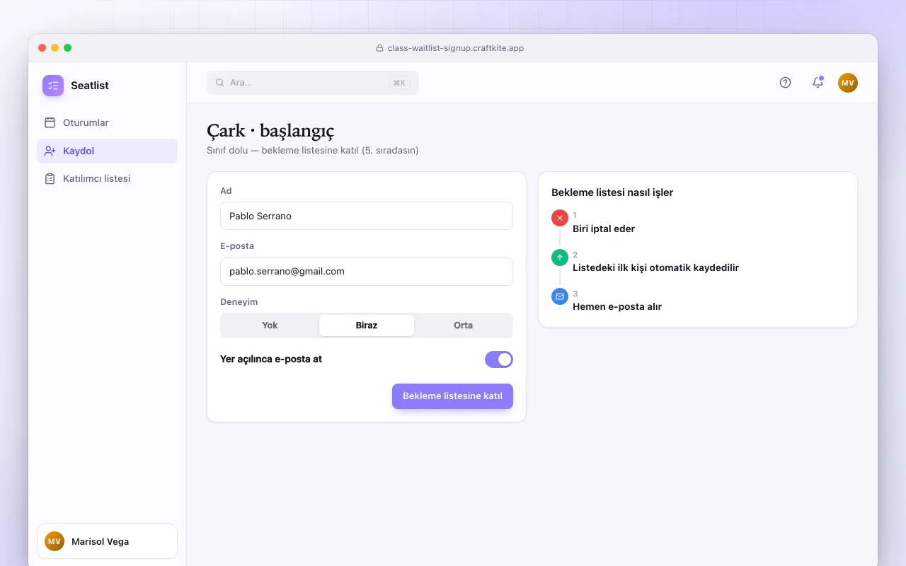 Ders bekleme listesi kaydı: Çark · başlangıç ekranı