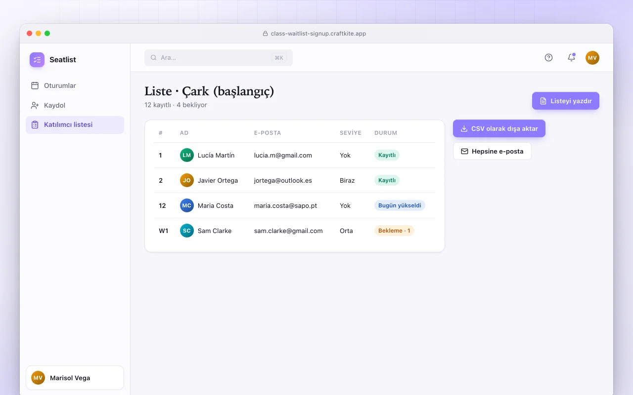 Ders bekleme listesi kaydı: Liste · Çark (başlangıç) ekranı
