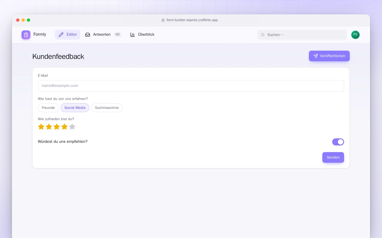 Formular-Baukasten (ASP.NET Core): der Bildschirm „Kundenfeedback“