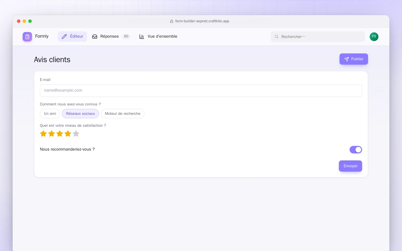 Créateur de formulaires (ASP.NET Core) : l’écran Avis clients