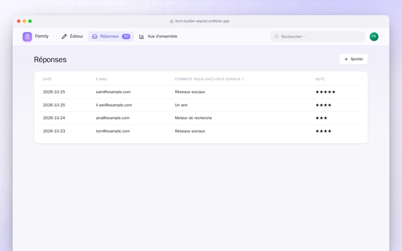 Créateur de formulaires (ASP.NET Core) : l’écran Réponses