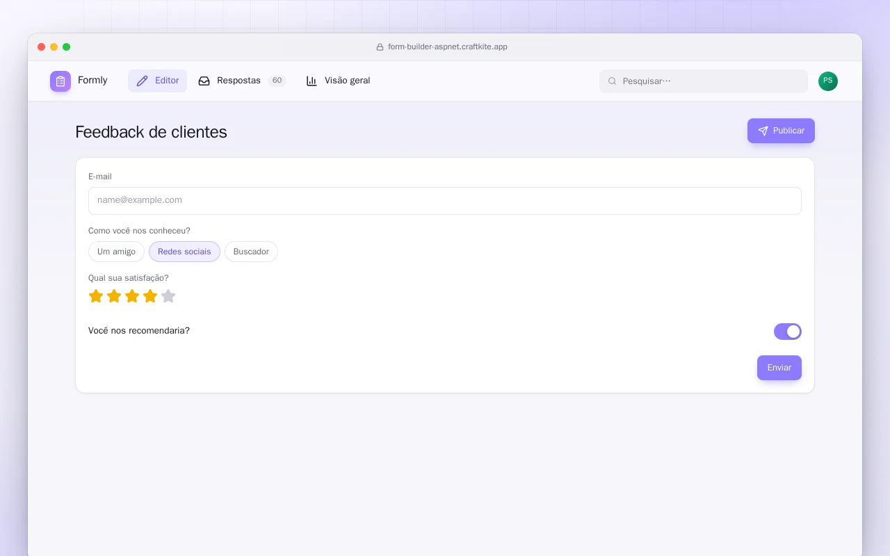 Criador de formulários (ASP.NET Core): a tela Feedback de clientes