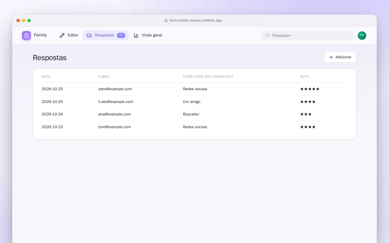 Criador de formulários (ASP.NET Core): a tela Respostas