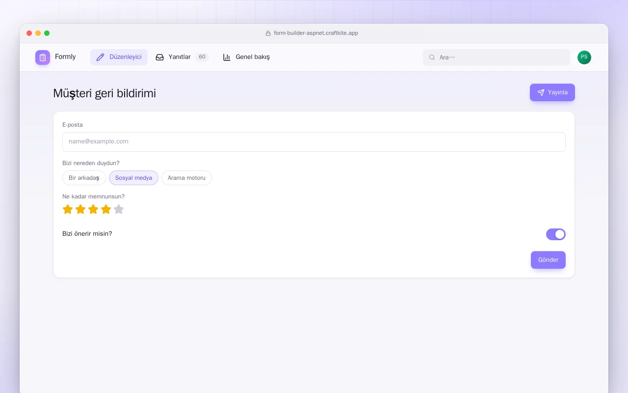 Form Oluşturucu (ASP.NET Core): Müşteri geri bildirimi ekranı