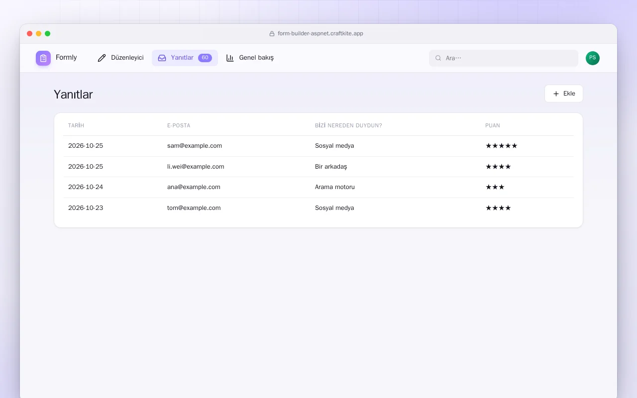 Form Oluşturucu (ASP.NET Core): Yanıtlar ekranı