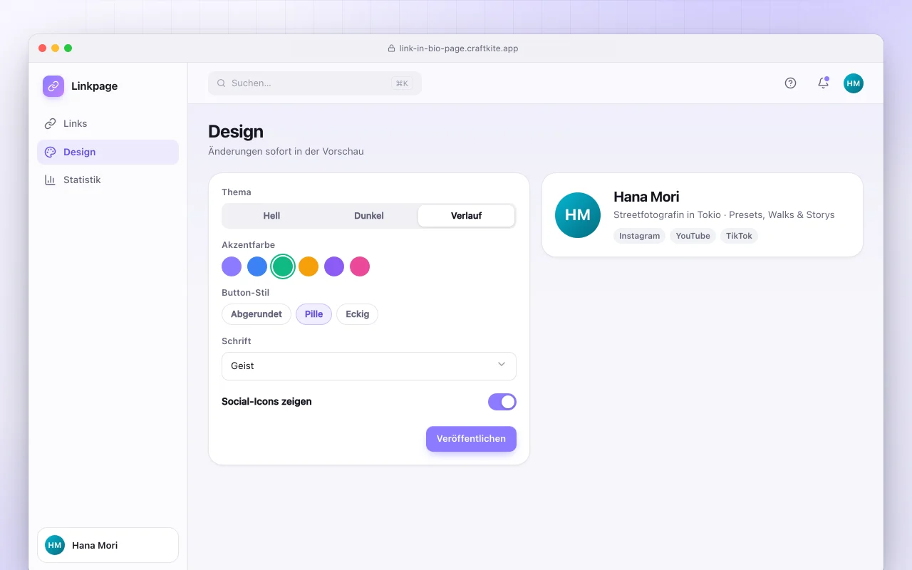 Link-in-Bio-Seite: der Bildschirm „Design“