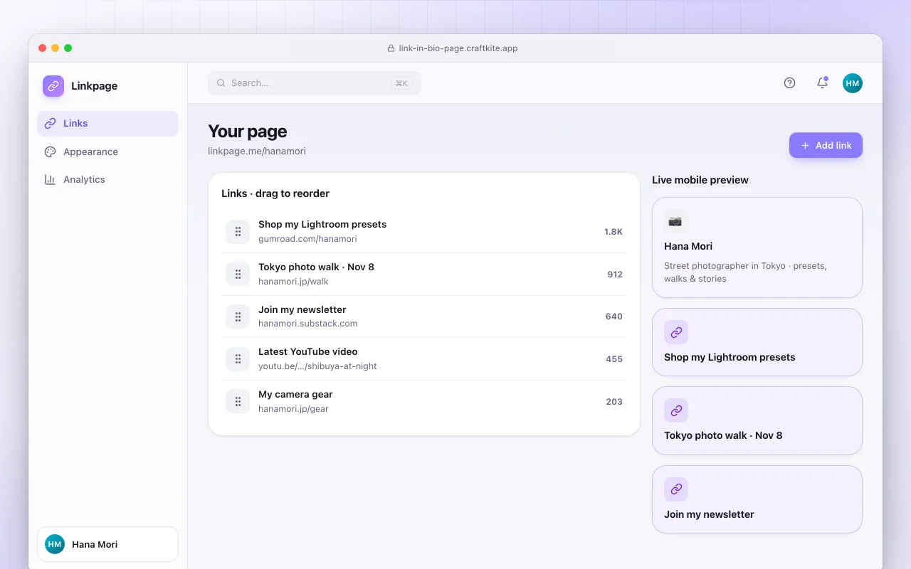 Link-in-bio page: the Your page screen