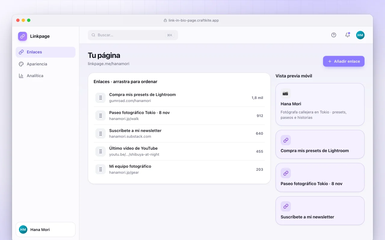 Página de enlaces para la bio: la pantalla Tu página
