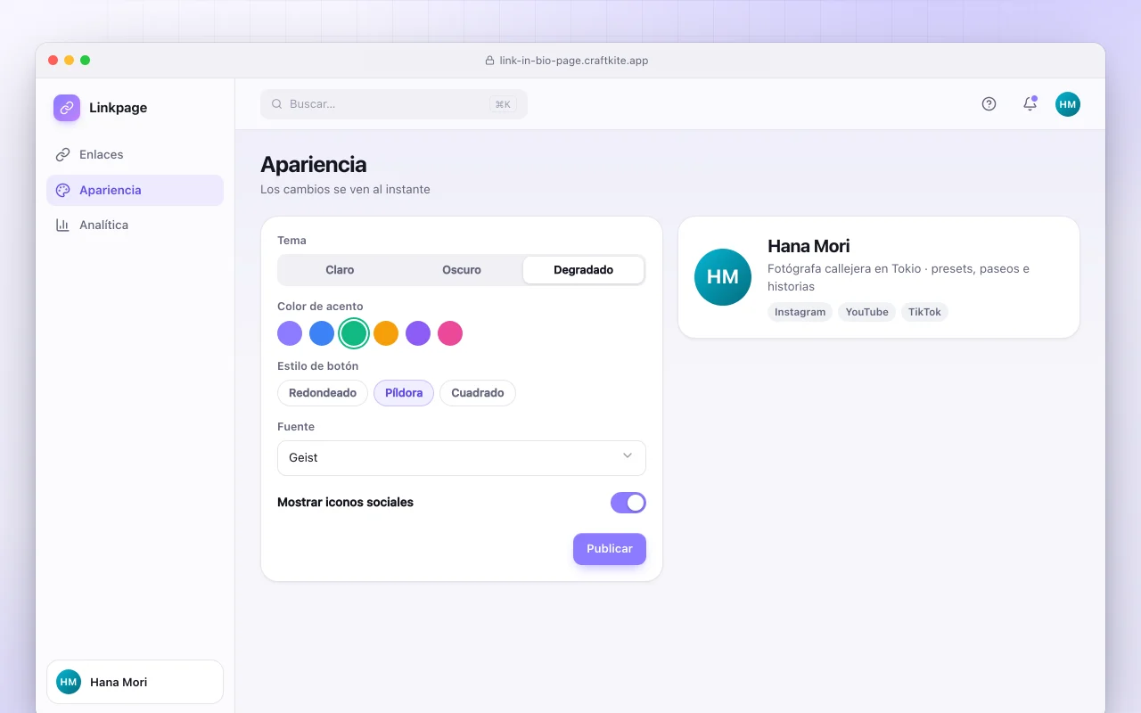 Página de enlaces para la bio: la pantalla Apariencia