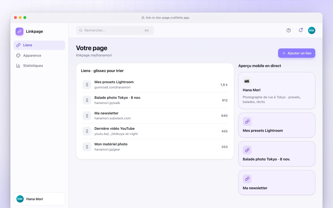 Page de liens en bio : l’écran Votre page