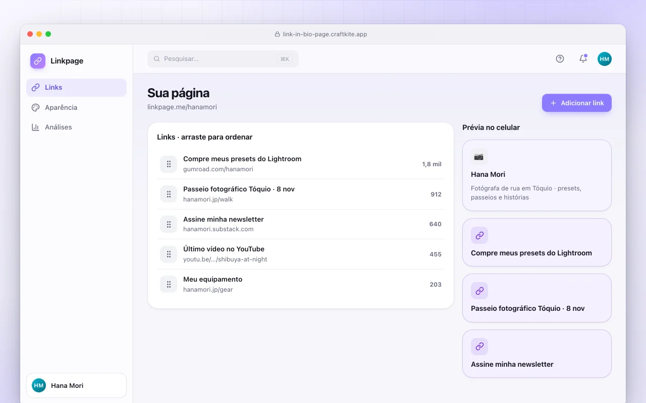 Página de links na bio: a tela Sua página