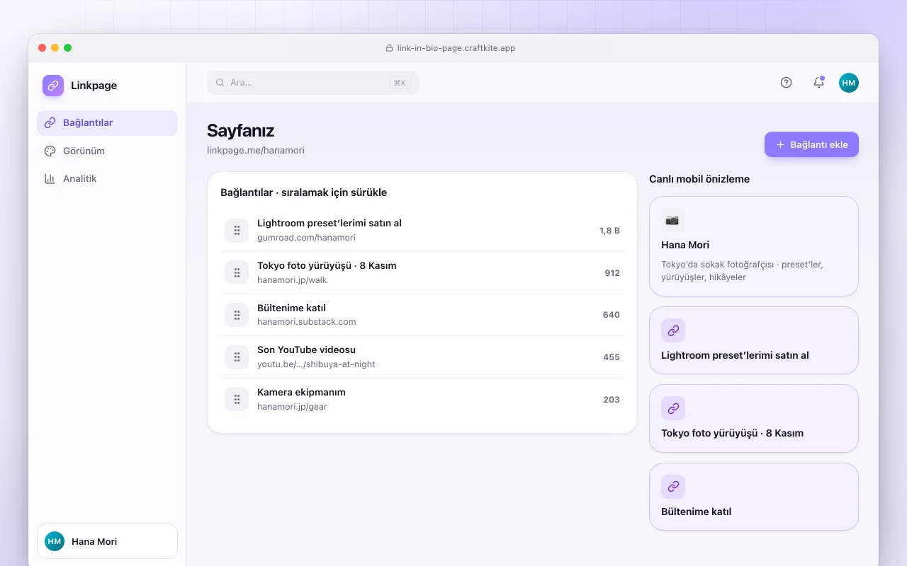 Bio bağlantı sayfası: Sayfanız ekranı