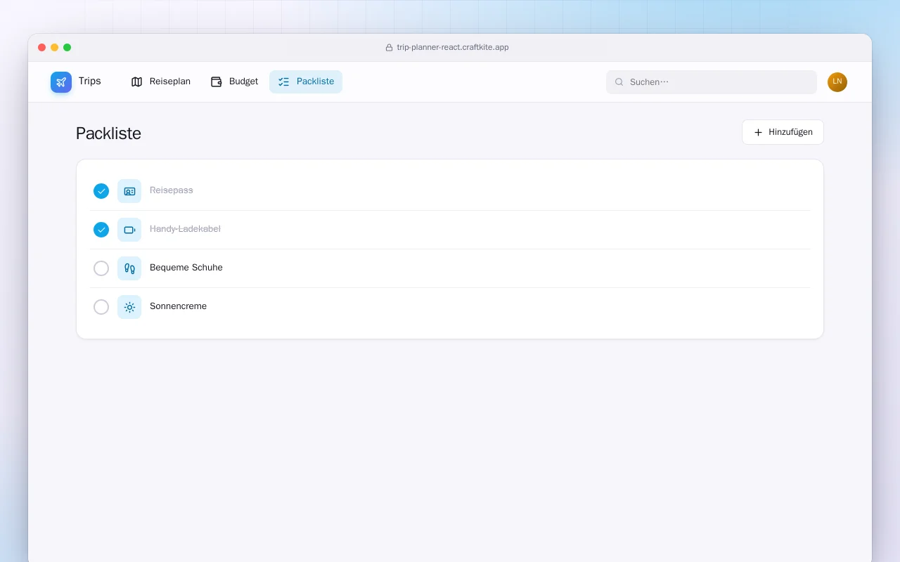 Reiseplaner (React): der Bildschirm „Packliste“