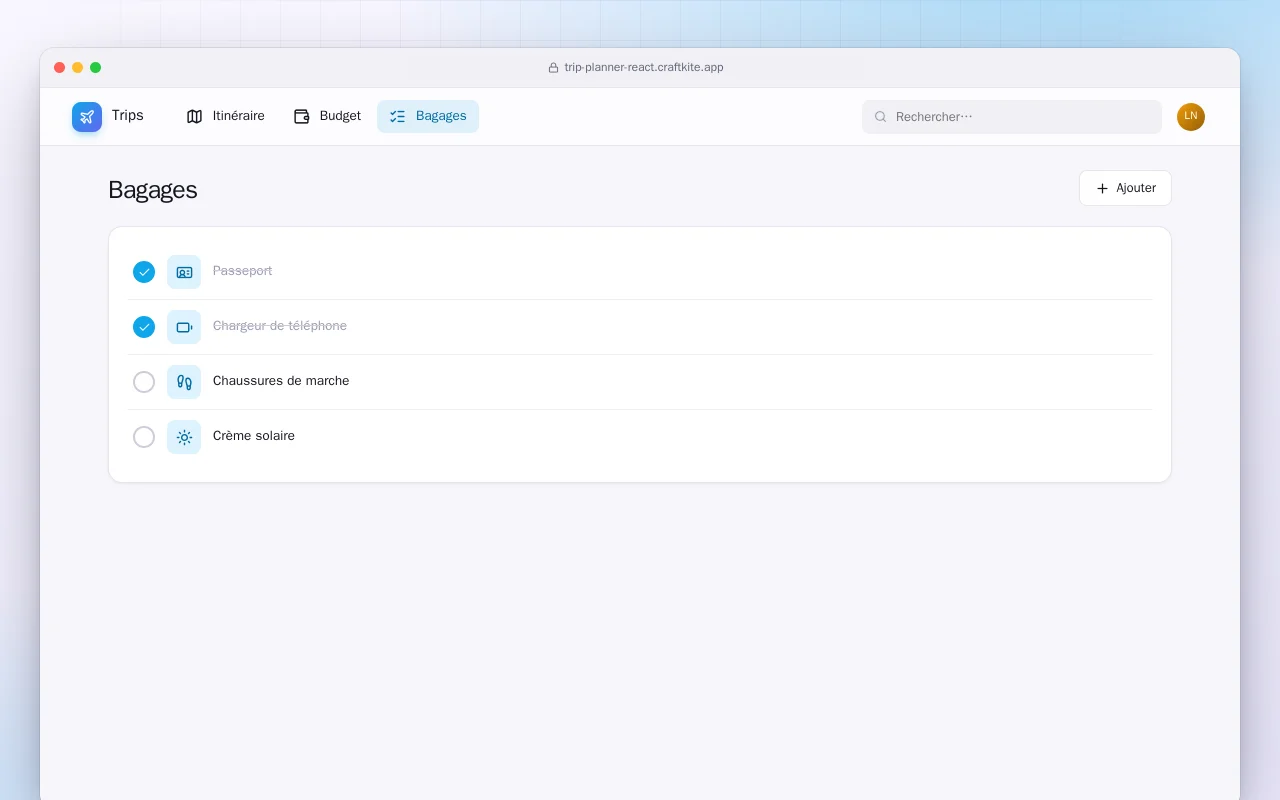 Planificateur de voyage (React) : l’écran Bagages