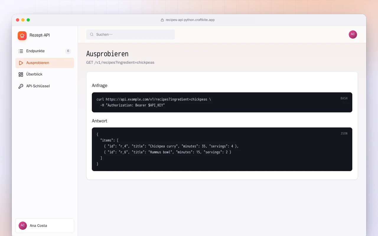 Rezept-API (Python): der Bildschirm „Ausprobieren“