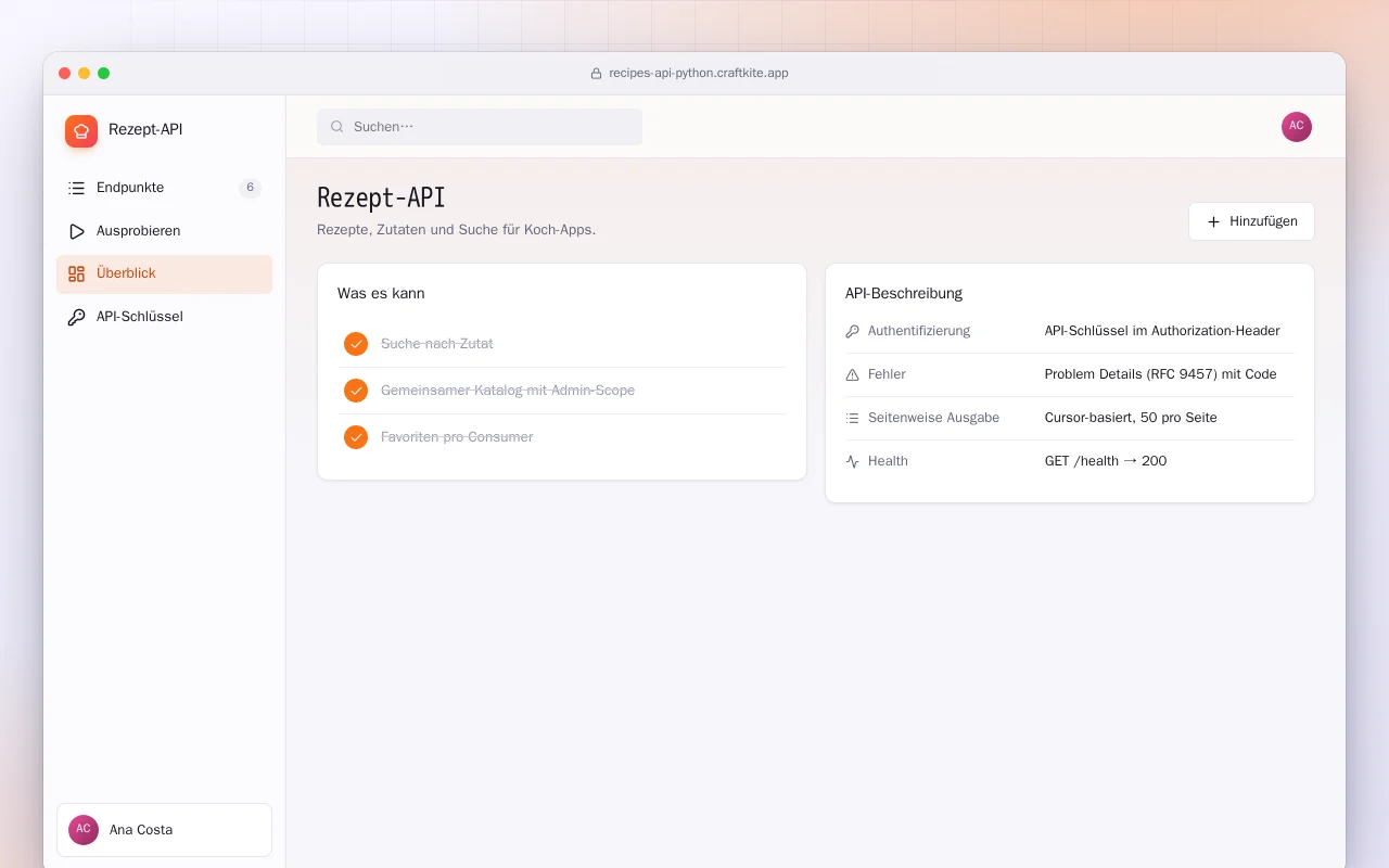 Rezept-API (Python): der Bildschirm „Rezept-API“