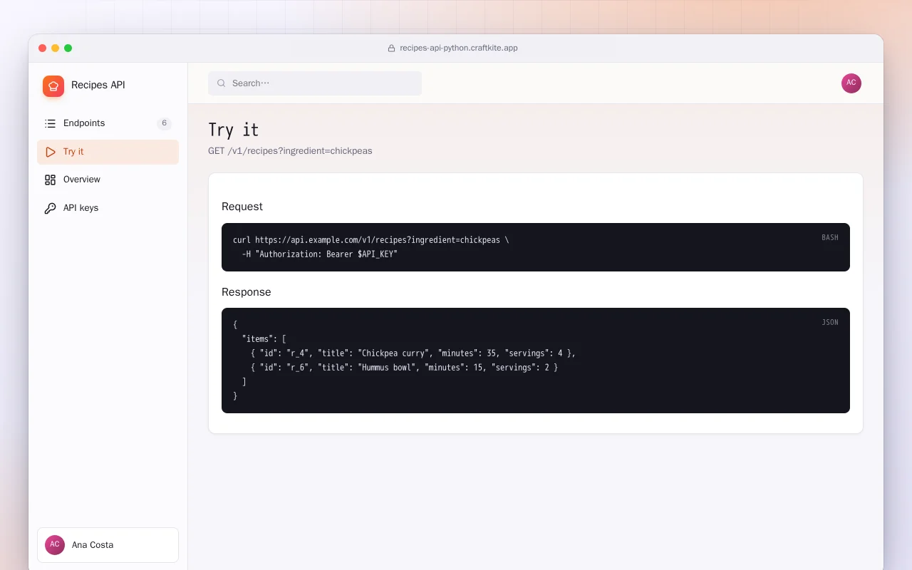 Recipes API (Python): the Try it screen