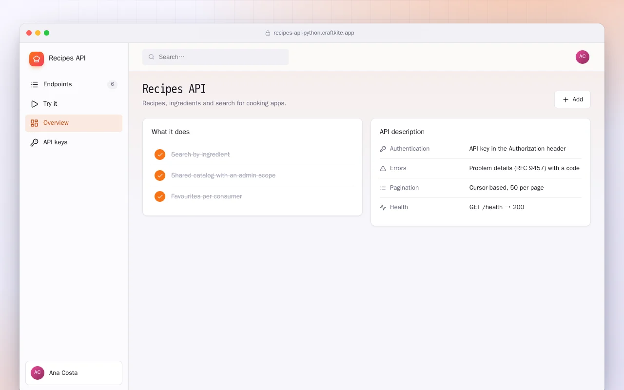 Recipes API (Python): the Recipes API screen
