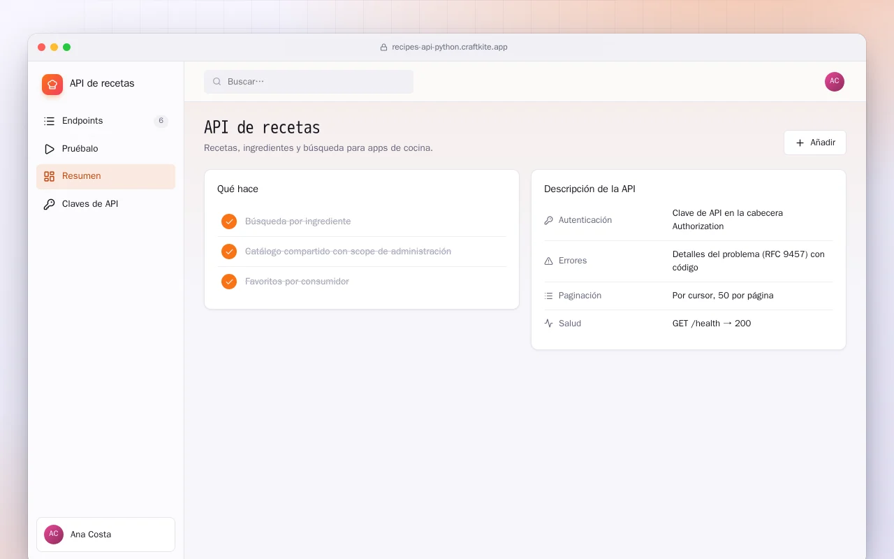 API de recetas (Python): la pantalla API de recetas