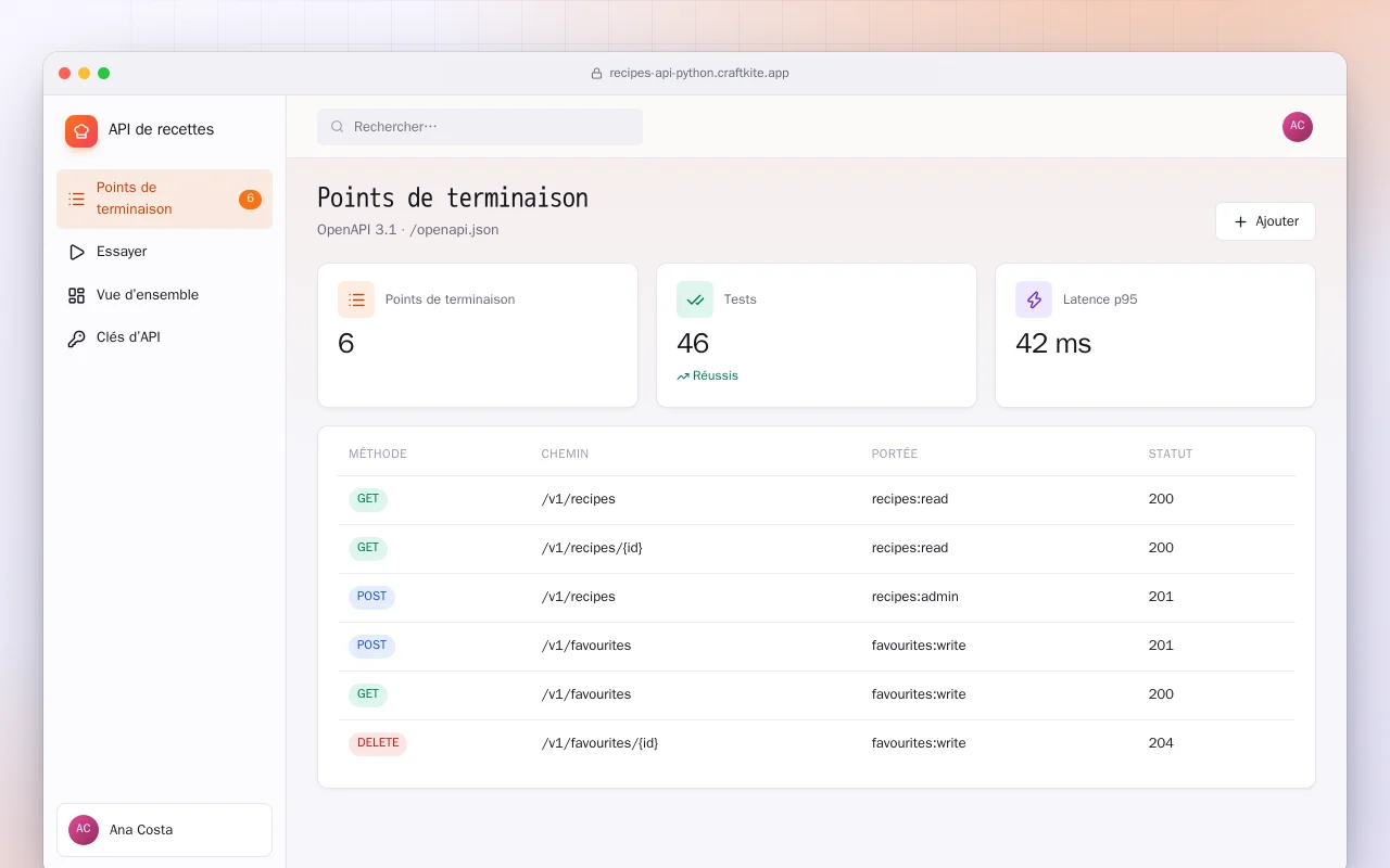 API de recettes (Python) : l’écran Points de terminaison
