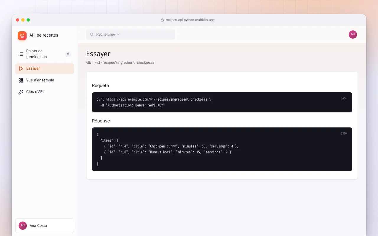 API de recettes (Python) : l’écran Essayer