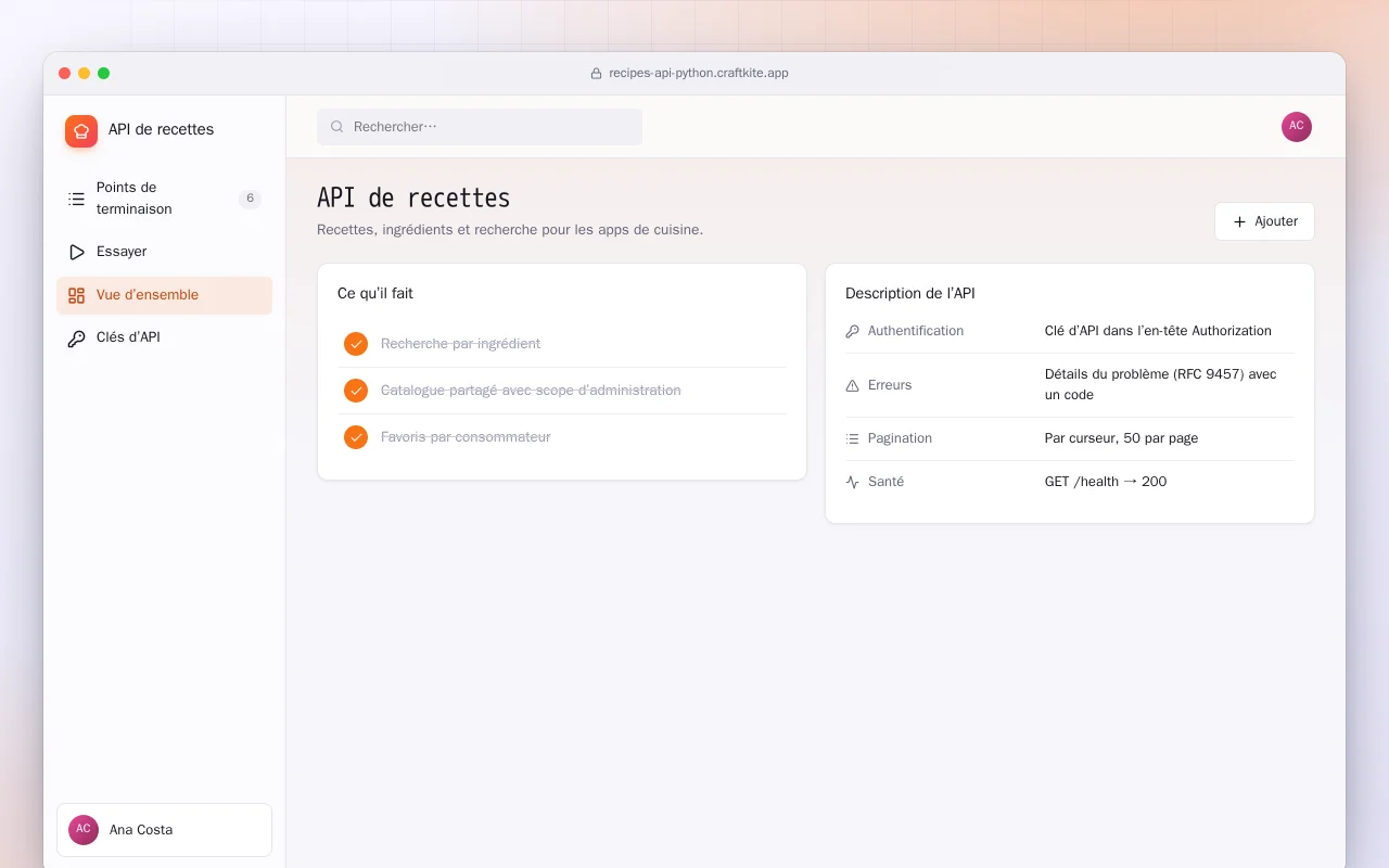 API de recettes (Python) : l’écran API de recettes