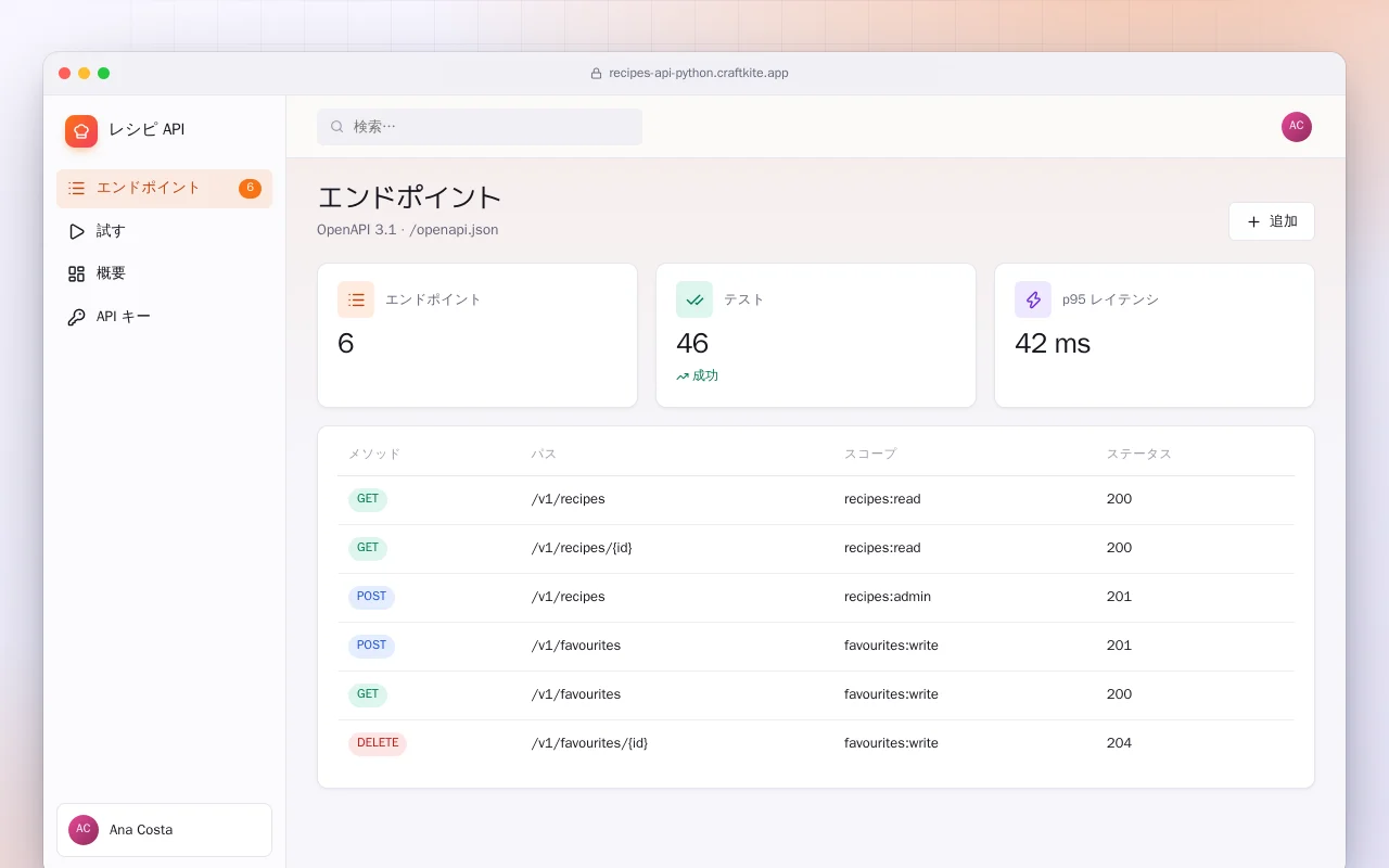 レシピ API（Python）：エンドポイント画面