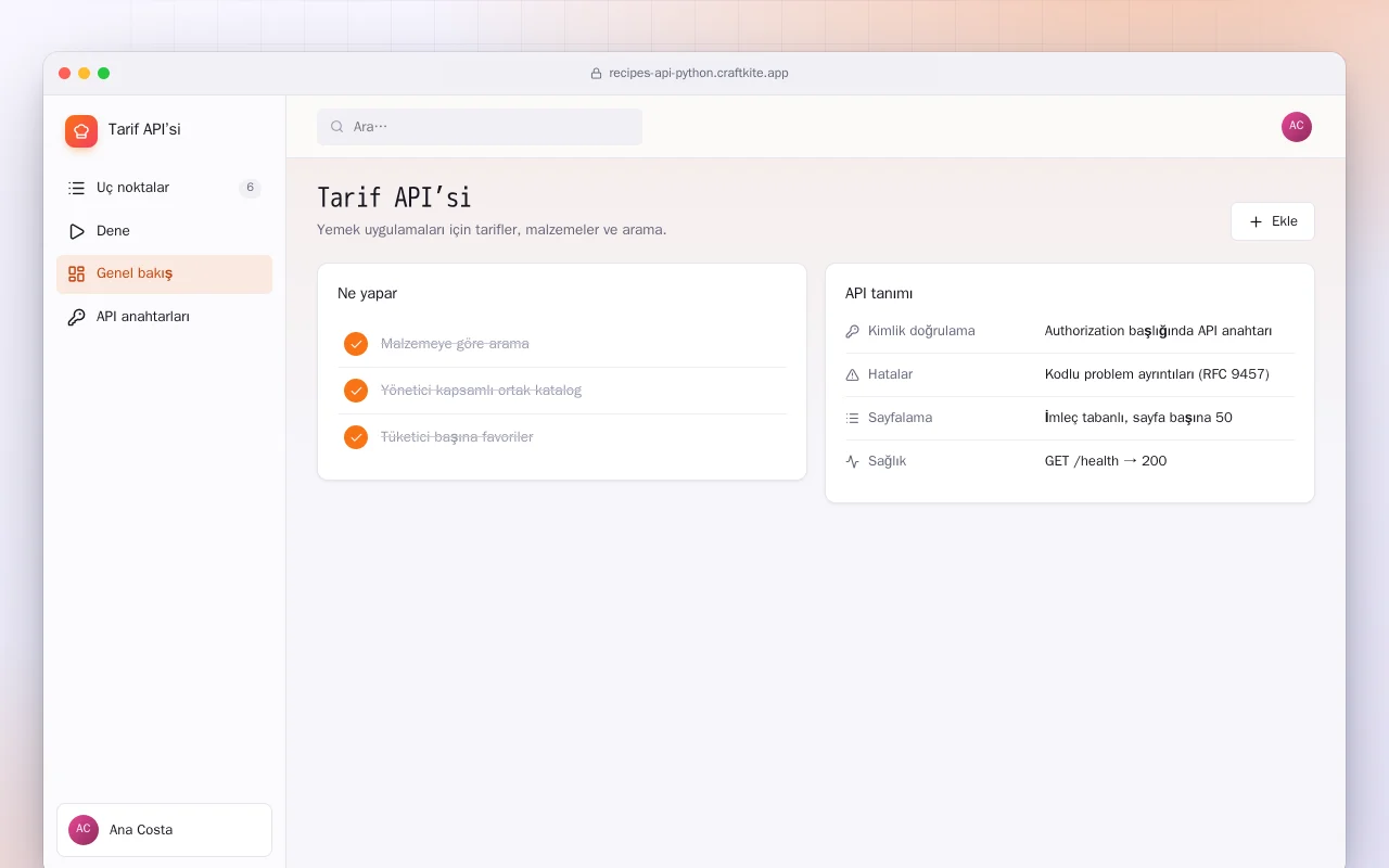 Tarif API’si (Python): Tarif API’si ekranı