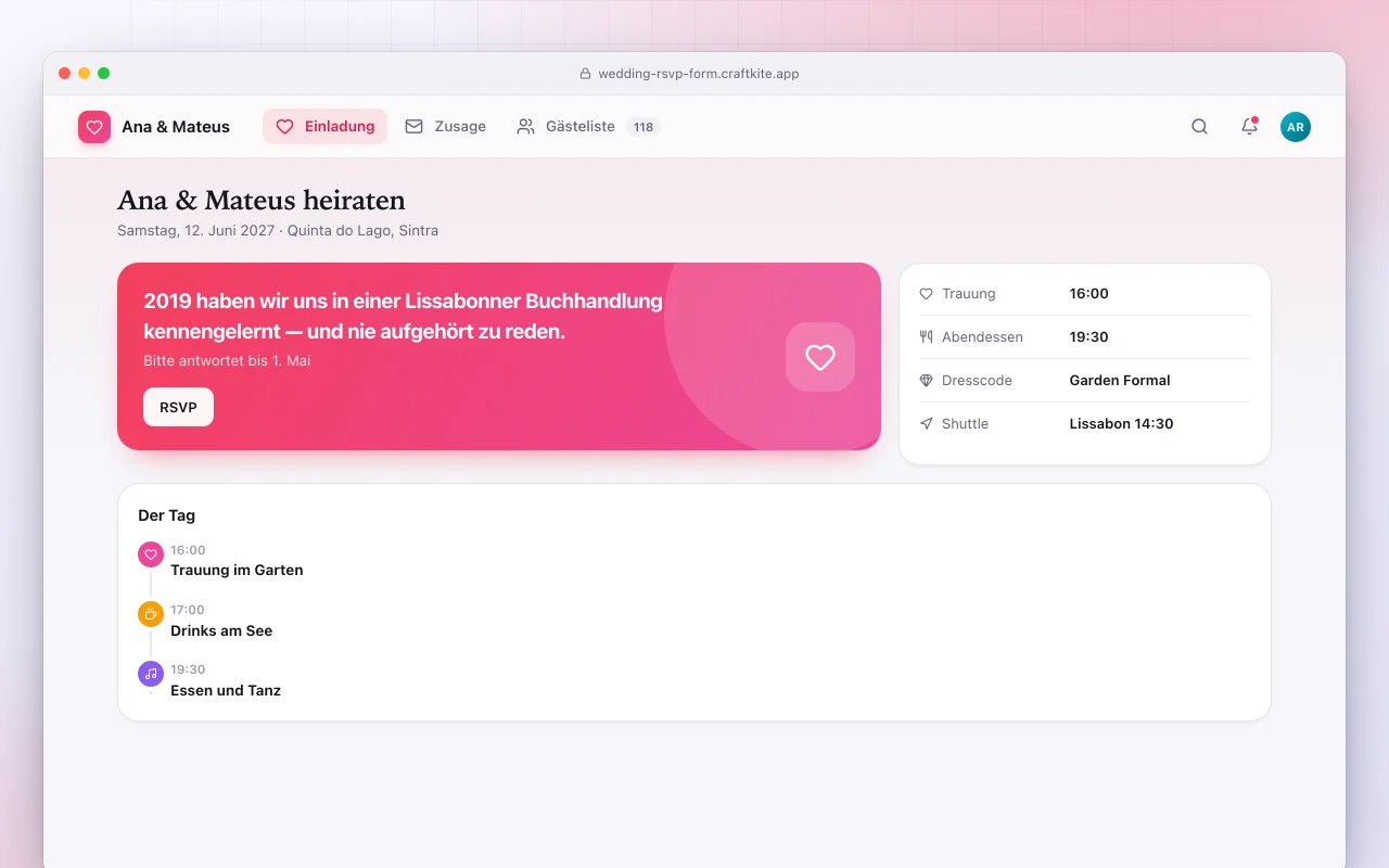 Hochzeits-Zusageformular: der Bildschirm „Ana & Mateus heiraten“