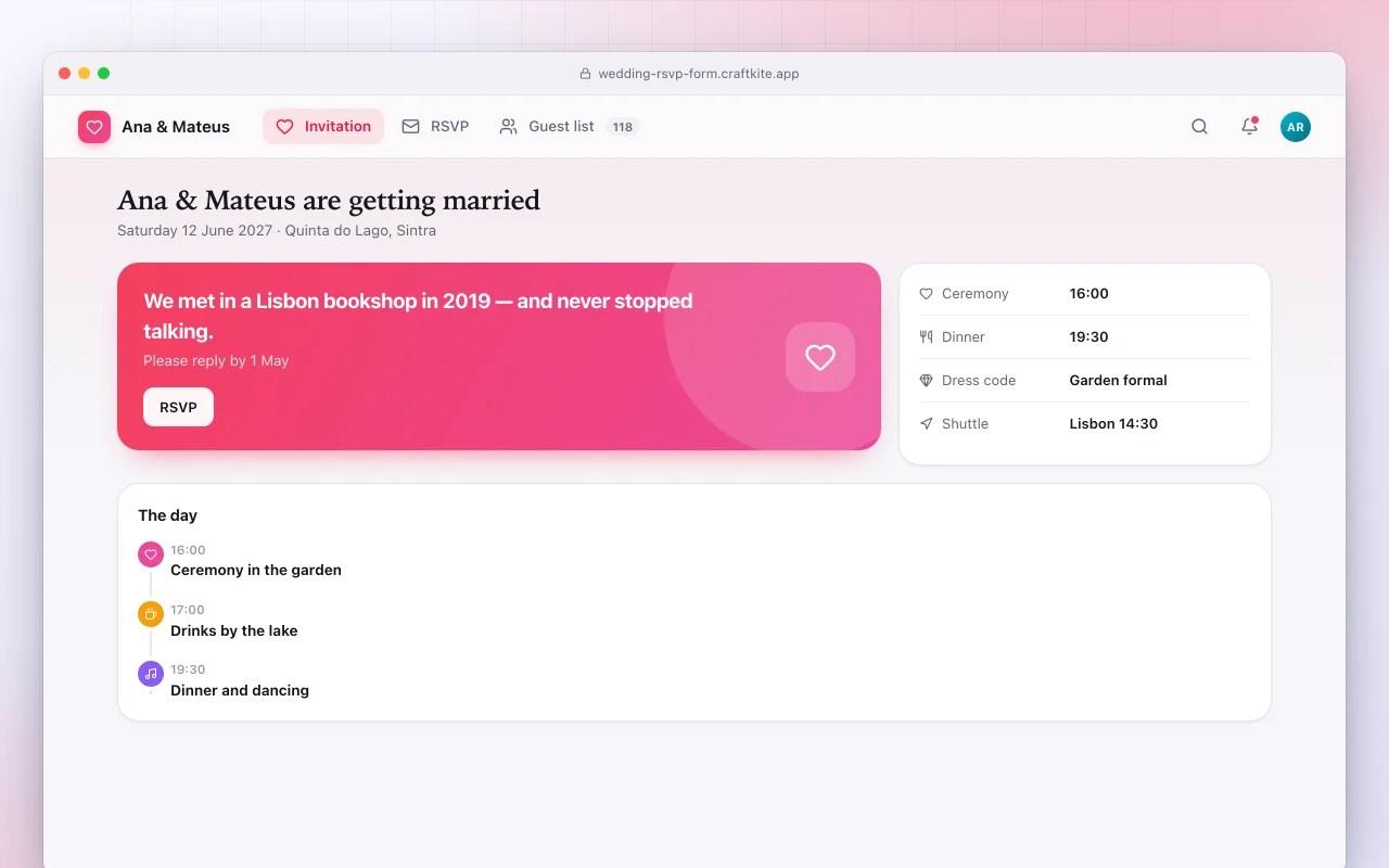 Wedding RSVP form: the Ana & Mateus are getting married screen
