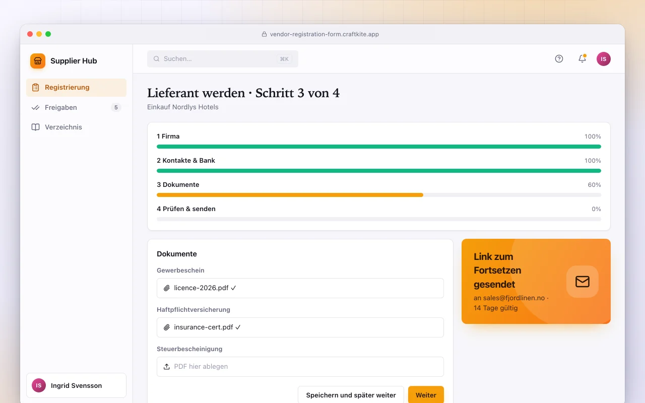 Lieferanten-Registrierungsformular: der Bildschirm „Lieferant werden · Schritt 3 von 4“