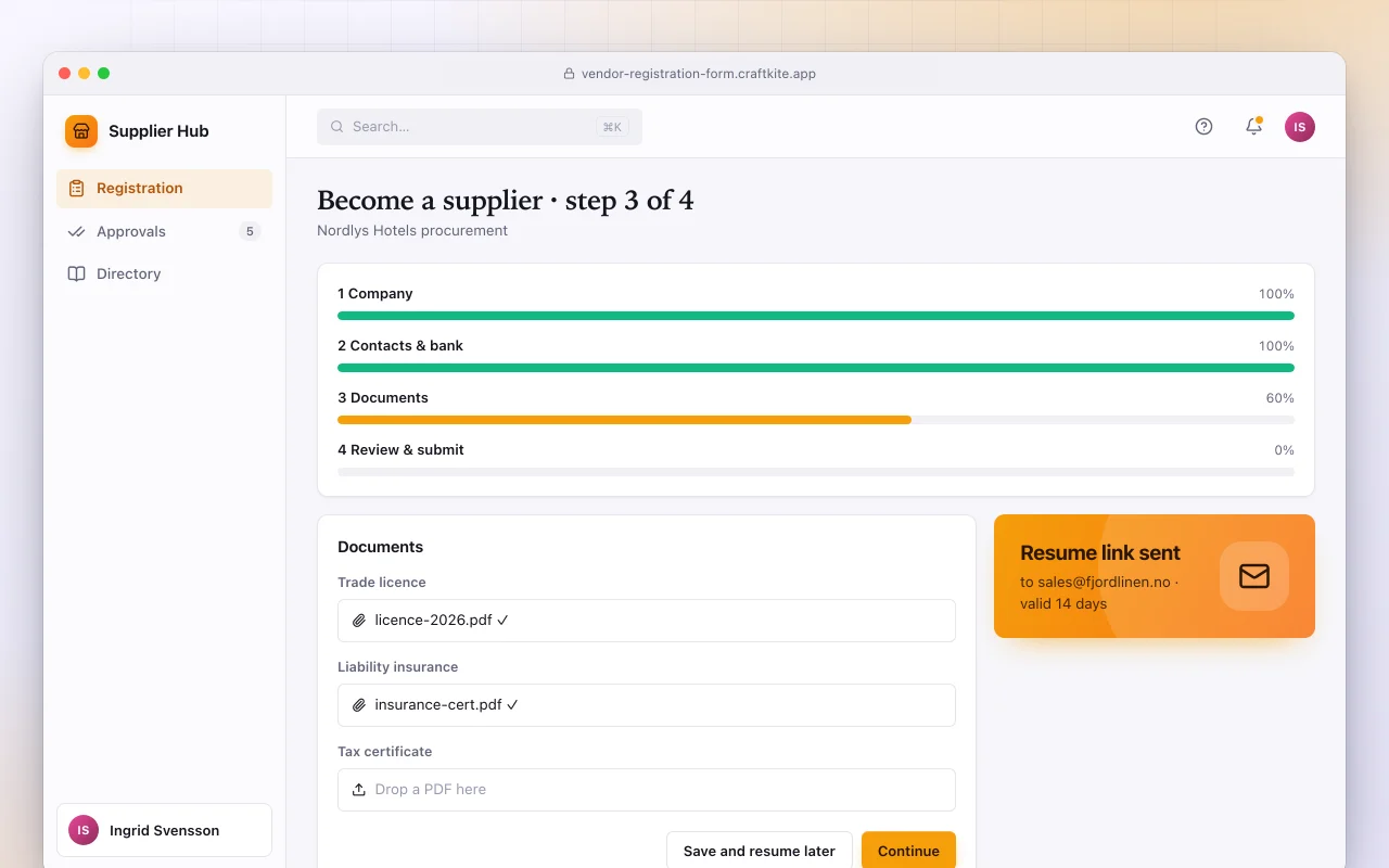 Vendor registration form: the Become a supplier · step 3 of 4 screen