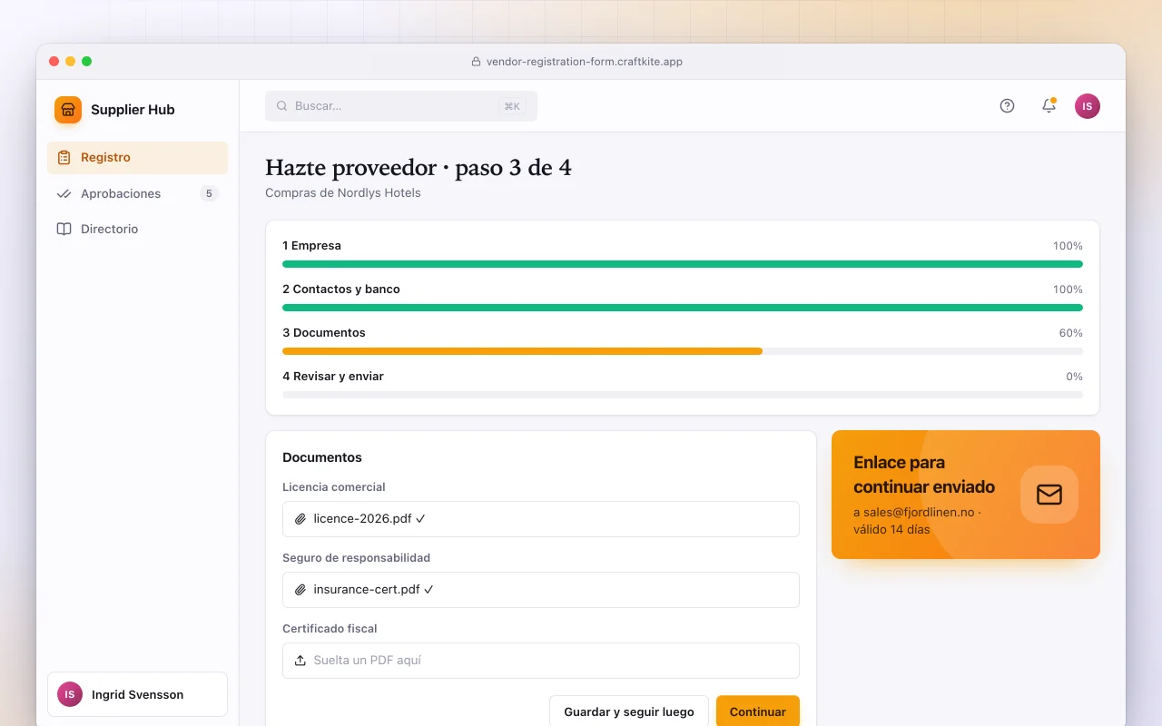 Formulario de alta de proveedores: la pantalla Hazte proveedor · paso 3 de 4