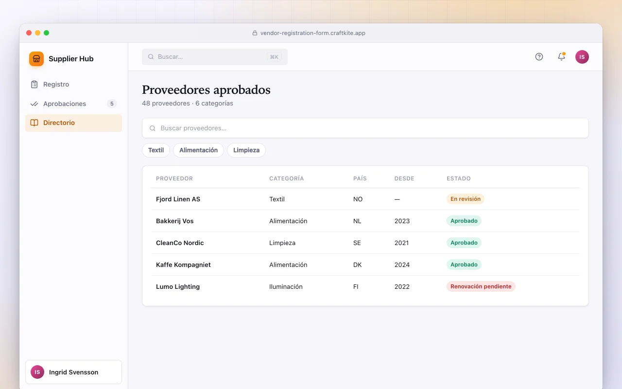 Formulario de alta de proveedores: la pantalla Proveedores aprobados